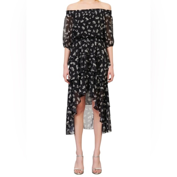 Maje Black White Floral Off Shoulder Hi Low Dress Size 38 Medium - Picture 1 of 8